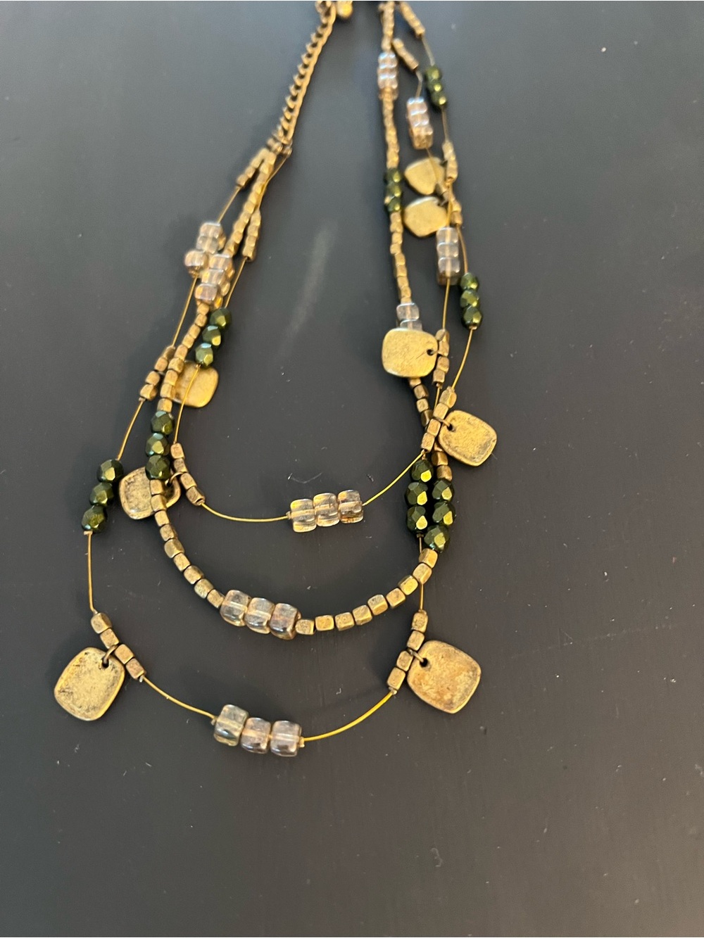 Layered Gold-Tone Beaded Necklace with Green Accents